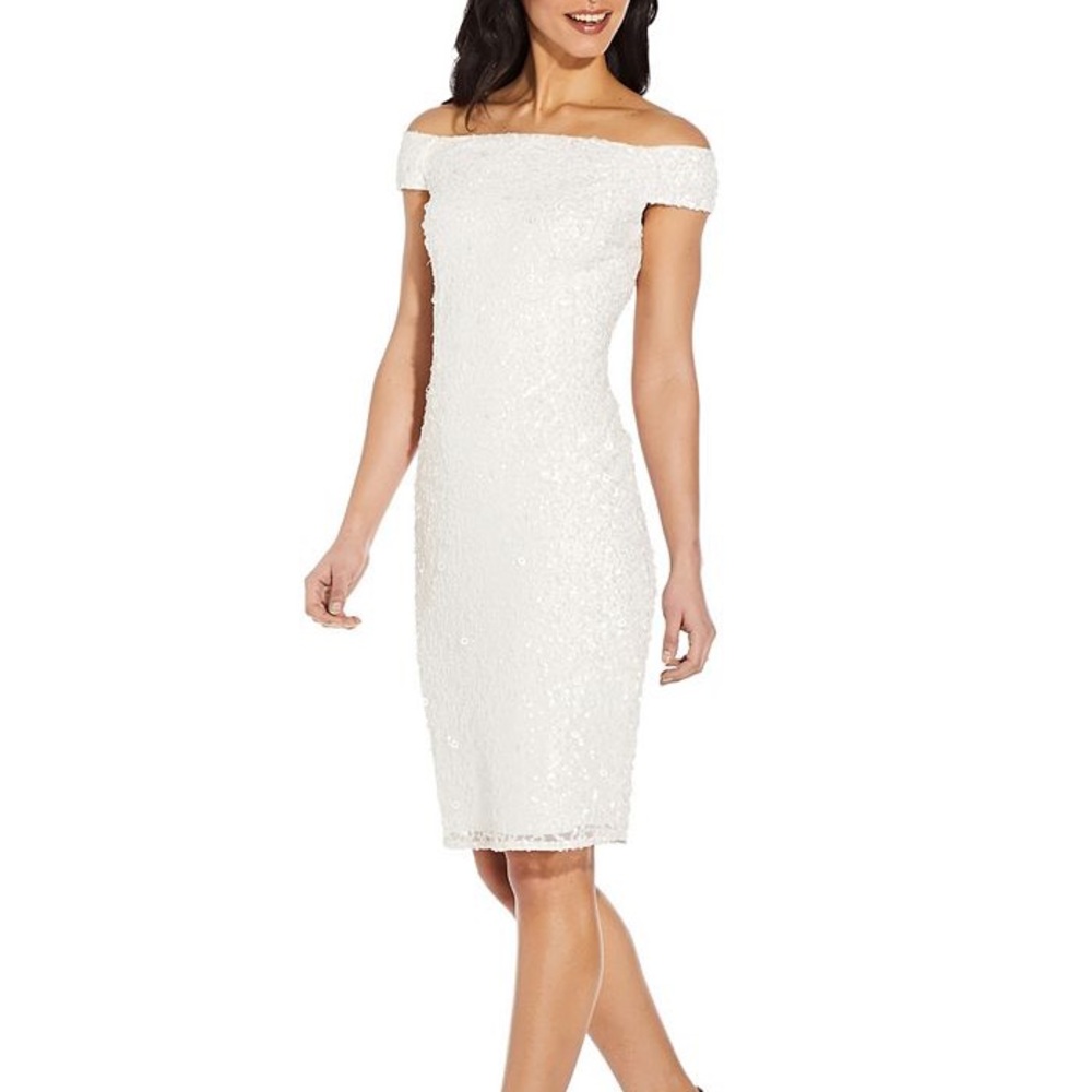 Adrianna Papell OFF SHOULDER SEQUIN SHEATH DRESS